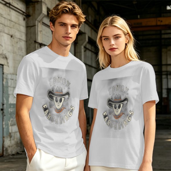 Olive t-shirt with alien cowboy howdy earthlings graphic
