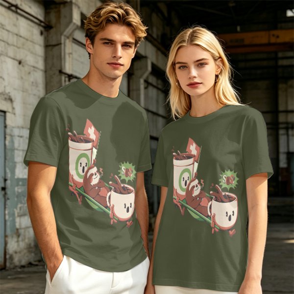 Olive green graphic tee with a sloth relaxing between anthropomorphic coffee mugs