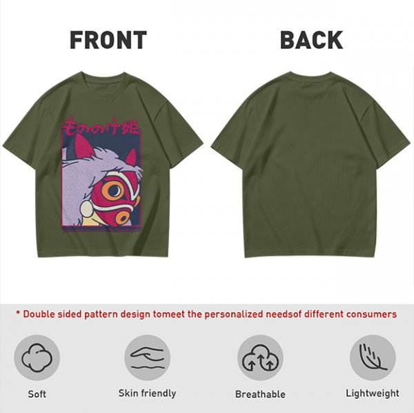 Olive T-shirt with Princess Mononoke Mask Graphic Print