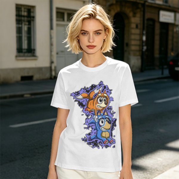 Olive green t-shirt with cartoon characters in cosplay graphic