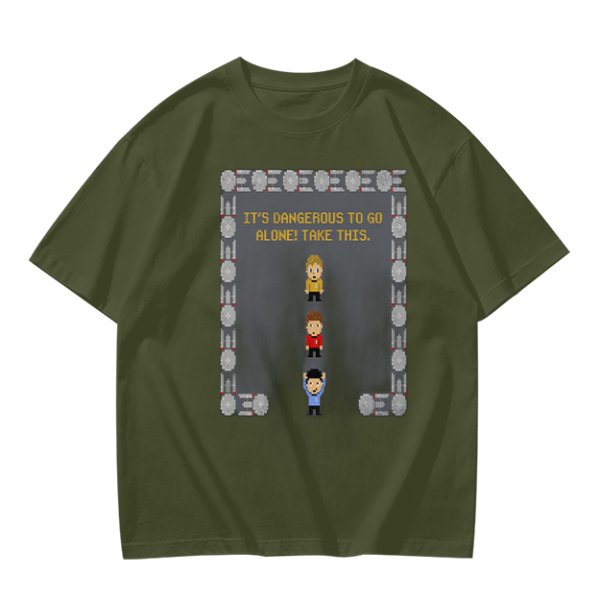 Olive t-shirt with retro video game 'It's dangerous to go alone' print