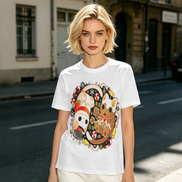 Olive Green T-Shirt With Christmas Cat Gingerbread Candy Print
