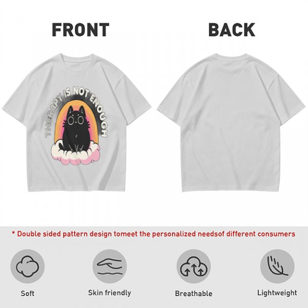 Olive graphic tee with black cat, rainbow, and 'Therapy Is Not Enough' text