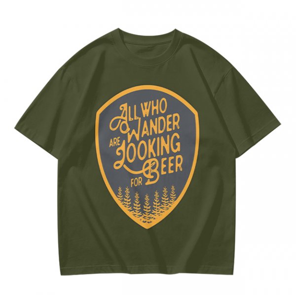Olive T-Shirt With 'All Who Wander Are Looking For Beer' Graphic