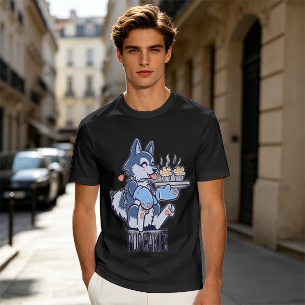Olive green t-shirt with a husky holding pupcakes graphic
