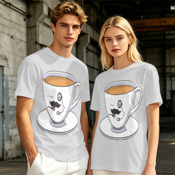 Olive Green T-Shirt With Dapper Cartoon Teacup Graphic