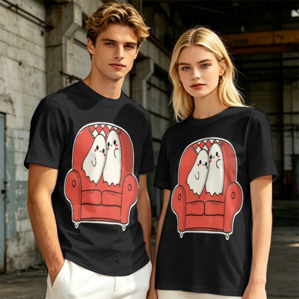 Olive T-Shirt with Cute Ghosts on Red Armchair Graphic