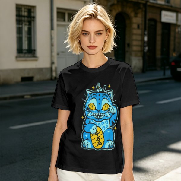 Olive T-Shirt With Blue Maneki-Neko Monster Graphic Print