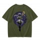Olive T-shirt with dark anime elf mage holding staff and purple magic circle print