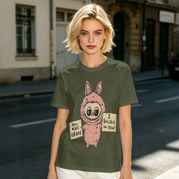 Olive T-shirt with a cute bunny monster holding You Are Great and I Believe In You signs