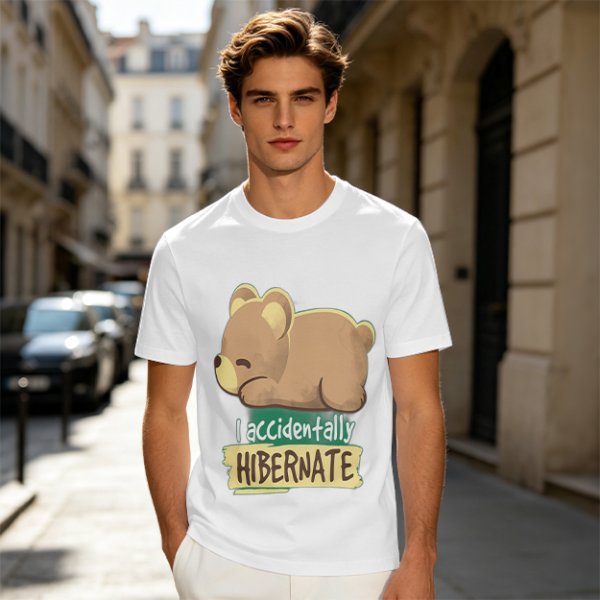 Olive t-shirt with sleeping bear and 'I accidentally hibernate' text
