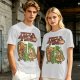 Olive green pizza graphic t-shirt with playful pizza slice characters