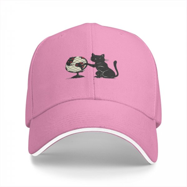 Black Baseball Cap With Cat Touching Globe Print