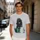 Olive T-shirt with cartoon dinosaur in Darth Vader helmet and chicken print