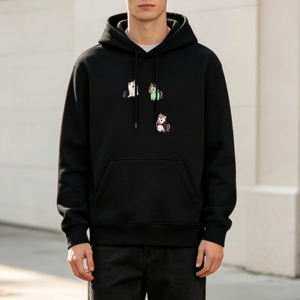 Black hoodie with cute unicorn and cat graphic prints
