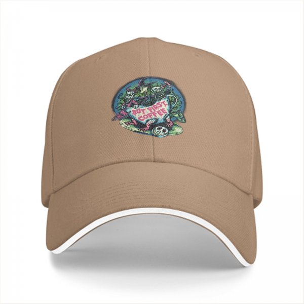 Black Baseball Cap With 'But First Coffee' Halloween Themed Print