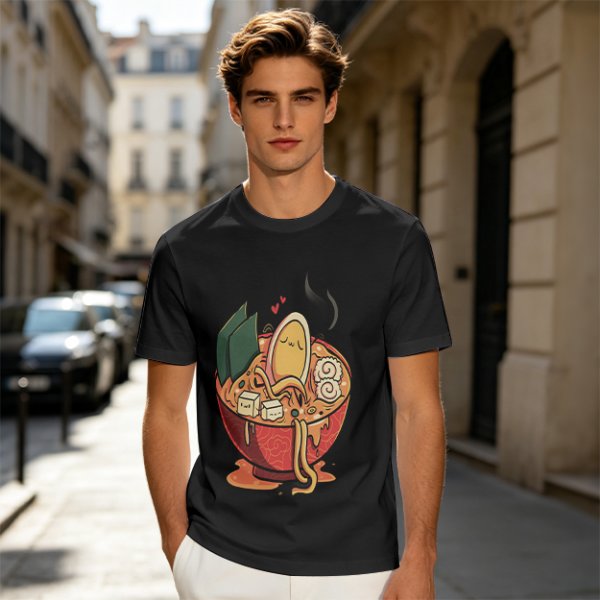 Olive T-Shirt With Cute Ramen Bowl Graphic Print