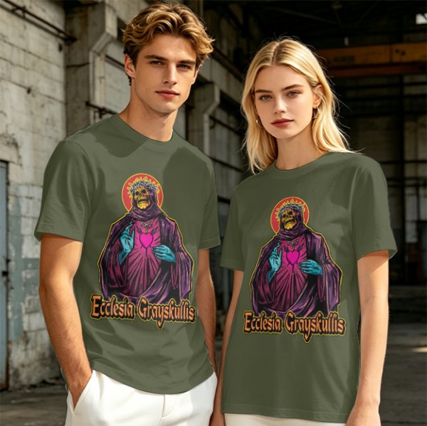Olive t-shirt with skeleton religious graphic and Ecclesia Grayskullis text