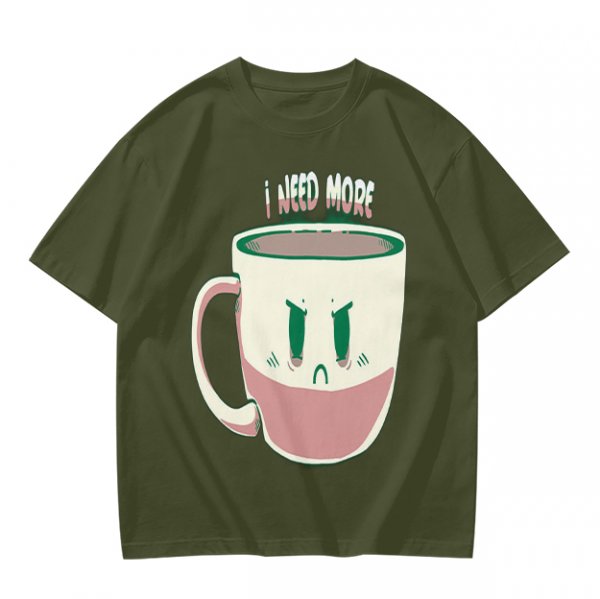 Olive Graphic Tee With Angry Coffee Cup I Need More Print