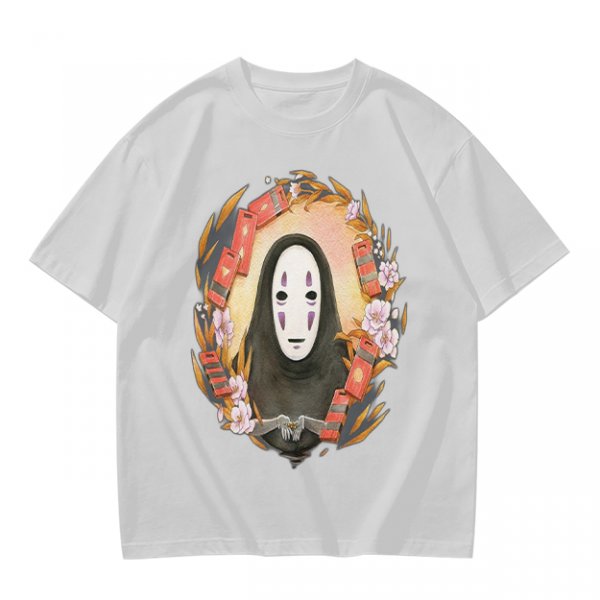 Spirited Away No-Face Graphic Tee with Cherry Blossoms and Lanterns