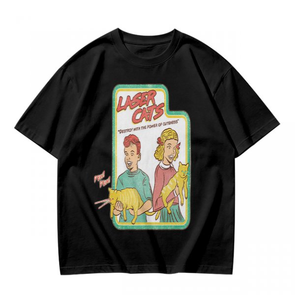 Olive graphic tee with Laser Cats retro comic print of kids holding laser cats