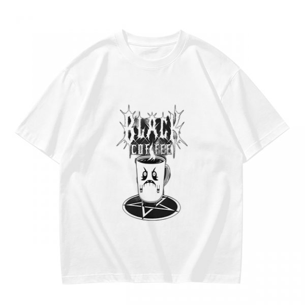 Olive t-shirt with Black Coffee gothic angry cup pentagram print