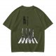 Olive T-Shirt With Anime Characters Crossing Crosswalk Print
