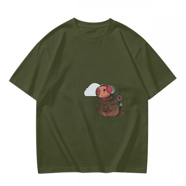 Olive Green T-Shirt With Cute Cartoon Pig Print