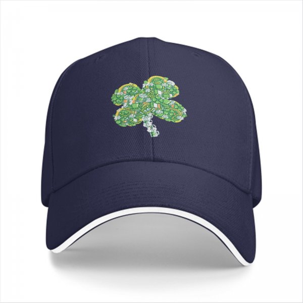 Black baseball cap with decorative four-leaf clover graphic
