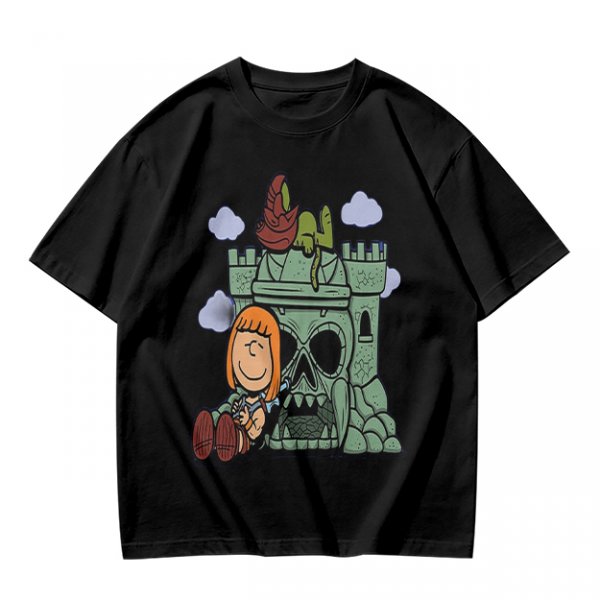 Olive T-shirt with Peanuts-style He-Man Castle Grayskull Graphic
