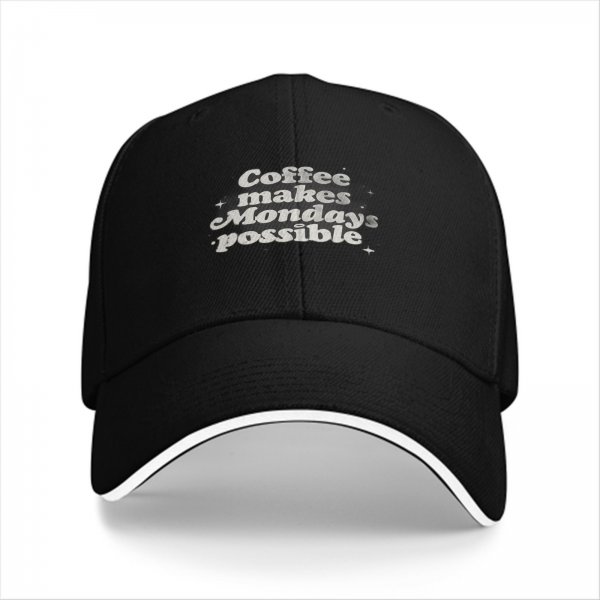 Black baseball cap with 'Coffee makes Mondays possible' print