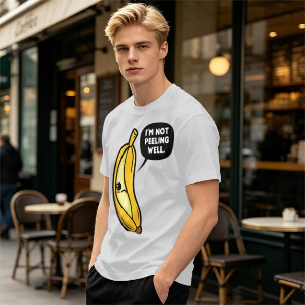 Olive T-shirt with sad banana graphic reading I'm not peeling well