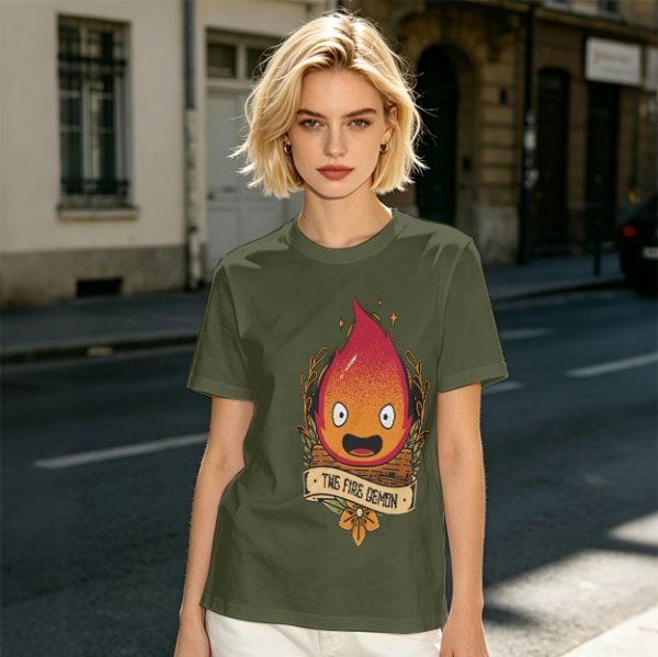Olive T-Shirt Featuring Calcifer The Fire Demon Artwork