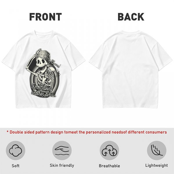 Olive t-shirt with skeleton graphic and 'Cheers! I'm Having Another Crisis' text