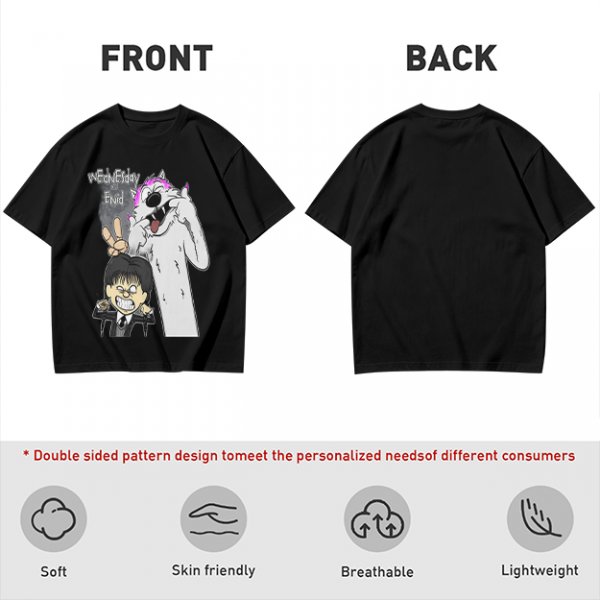 Olive graphic tee with Wednesday and Enid cartoon wolf design