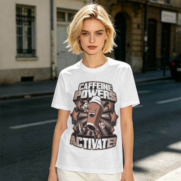 Caffeine Powers Activate! Cartoon Coffee T-Shirt Design