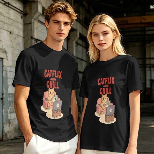 Catflix and Chill Orange Cat Watching TV Graphic T-Shirt