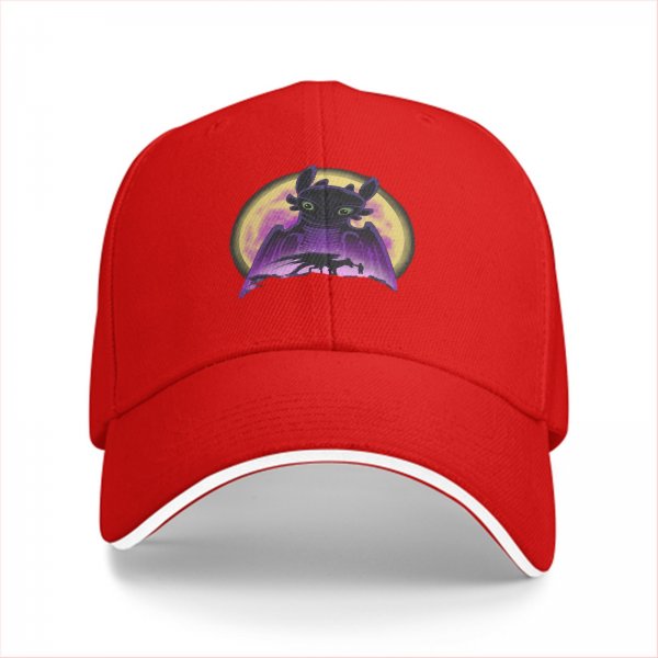 Black baseball cap featuring Toothless dragon and moon graphic