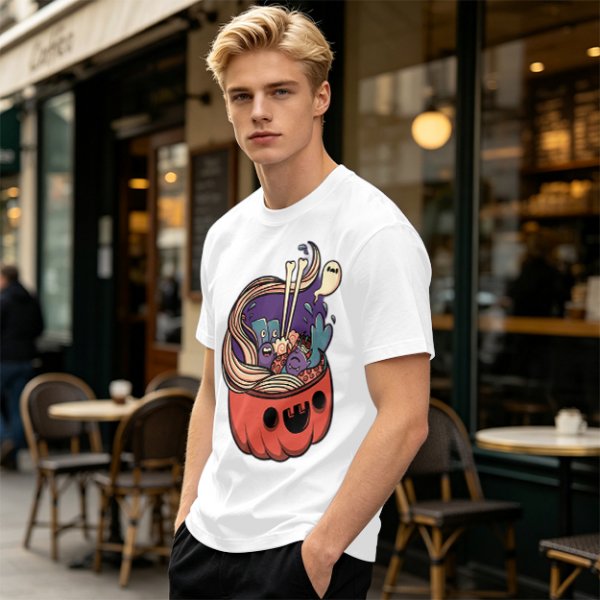 Halloween pumpkin ramen bowl with cute monster graphic t-shirt