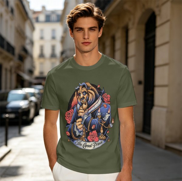 Olive T-shirt featuring The Cursed Prince Beast with roses and candelabra