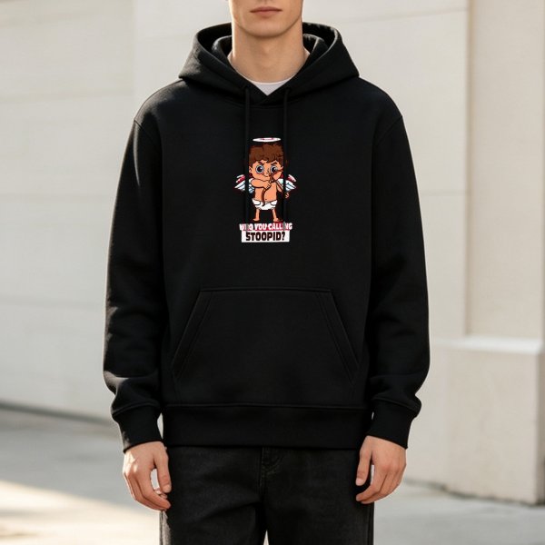 Black hoodie with angry cupid graphic and 'who you calling stoopid?' text