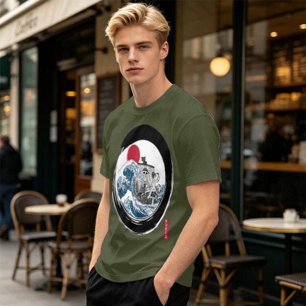 Olive T-shirt with Great Wave Enso Circle and Red Sun Print