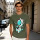 Olive T-Shirt with Astronaut Cat and Fish Graphic Print