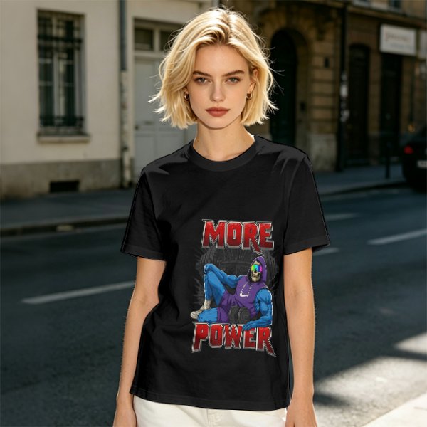 Olive Graphic T-Shirt with 'MORE POWER' and Muscular Skeleton Character