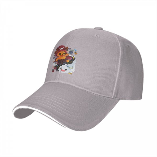 Black baseball cap with cute anime pirate character and cloud graphic