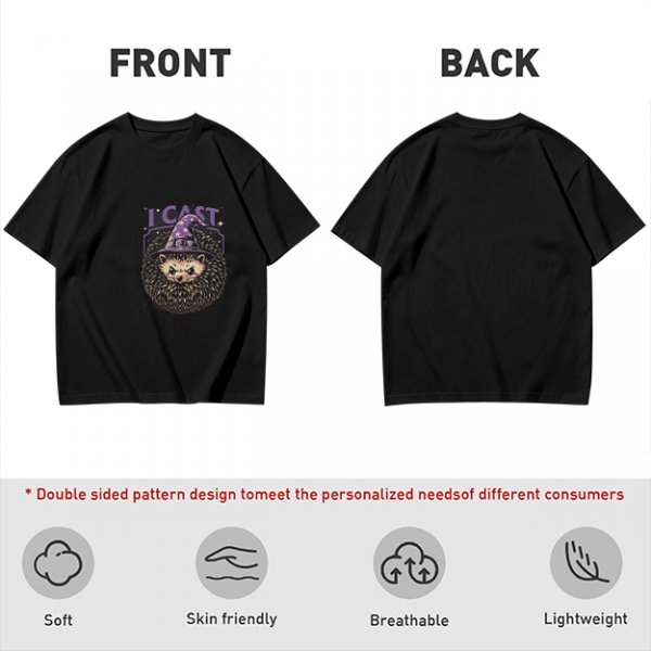Olive green t-shirt with a hedgehog wizard graphic and 'I CAST' text