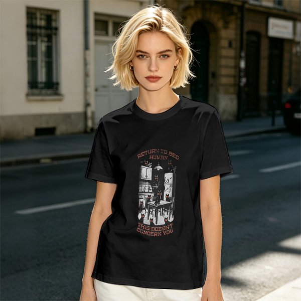 Olive t-shirt with cat kitchen graphic and 'Return to bed human' text