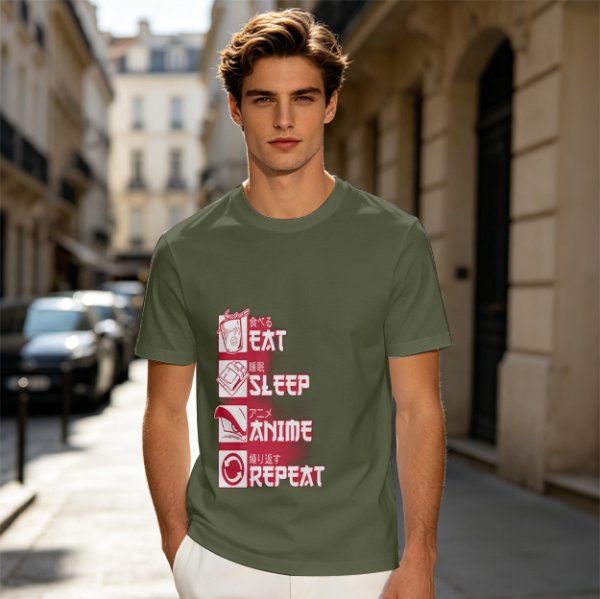 Oversized Olive Anime Themed T-Shirt With Eat Sleep Anime Repeat Print