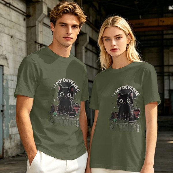 Olive t-shirt with black cat 'In My Defense I Was Under Catnip' print