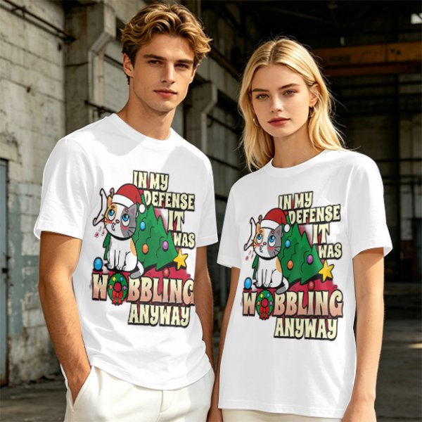 In My Defense It Was Wobbling Anyway Christmas Cat T-Shirt